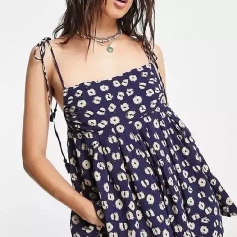 Free People Mini Dress Women Med Festival Sundress Blue Leopard Adjustable NWT